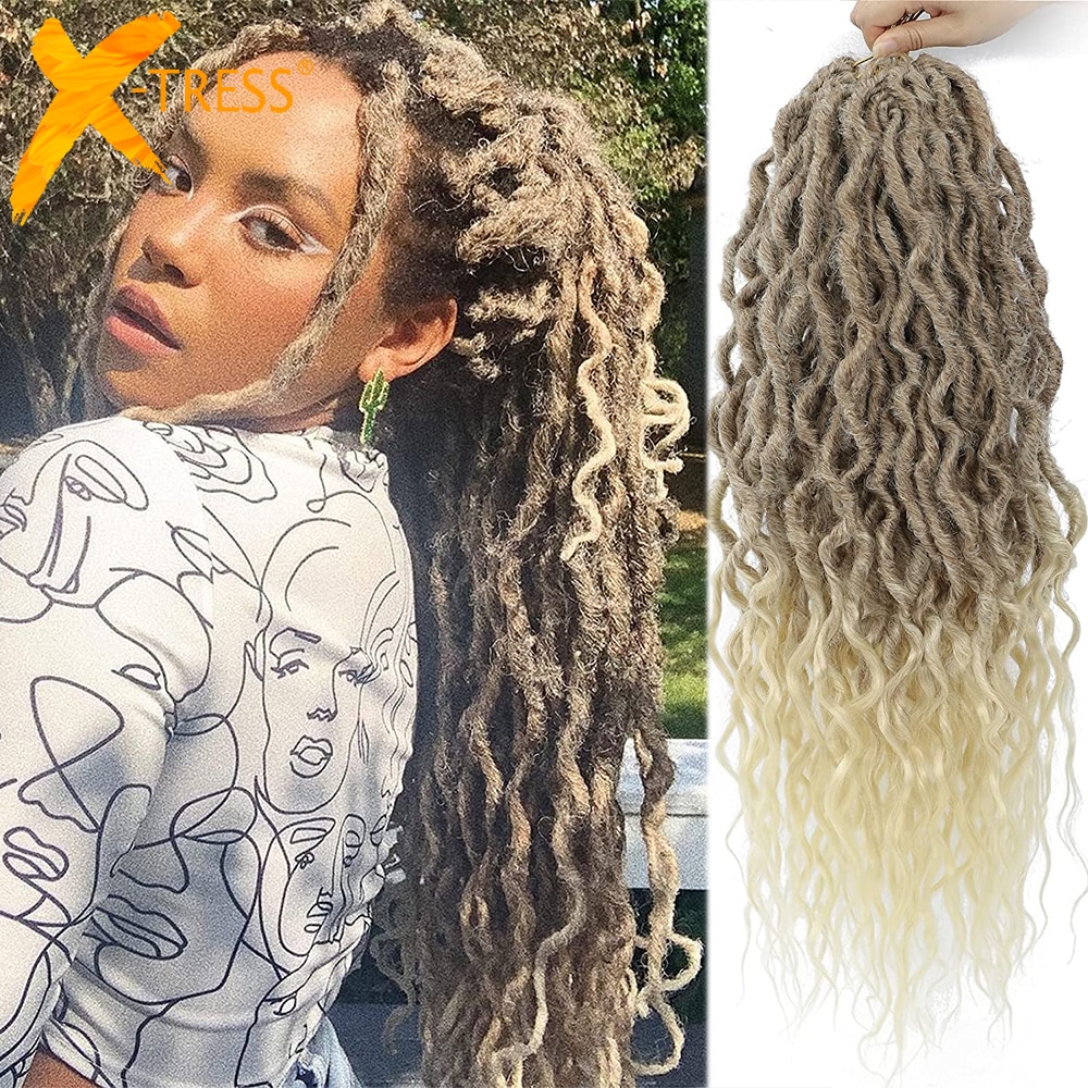 Goddess Faux Locs With Curly End Synthetic Crochet Braids Hair Extensions For Women Ombre Blonde Messy Curly Dreadlocks X-TRESS